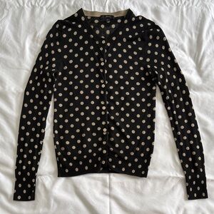 J. Crew 100% Merino Black and Cream Polka Dot Cardigan